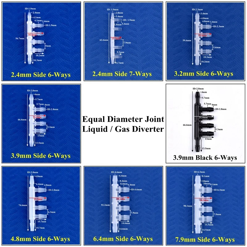 Equal Dia 6-Ways Hose Connector 5~200pcs 2.4~7.9mm Liquid Gas Diverter 8-4mm 4 ~ 10-Ways Pagoda Joint  Aquarium Air Pump Adapter