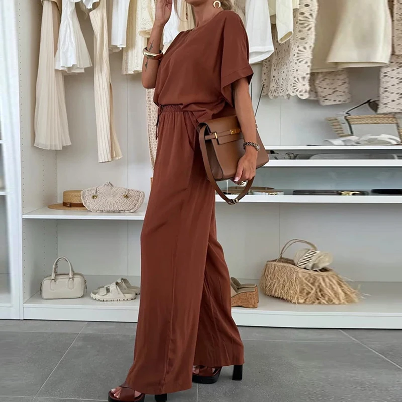 

Fashion O-neck Pullover with Long Pants Suit Women Casual Short Sleeve Loose Two Piece Set Elegant Commuter Tie-Up Solid Outfits