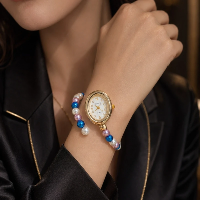 New Rainbow Pearl Women's Bracelet Watch Elegant Oval Small Dial Quartz Wristwatch for Ladies Fashion Female Clock Jewelry Gift