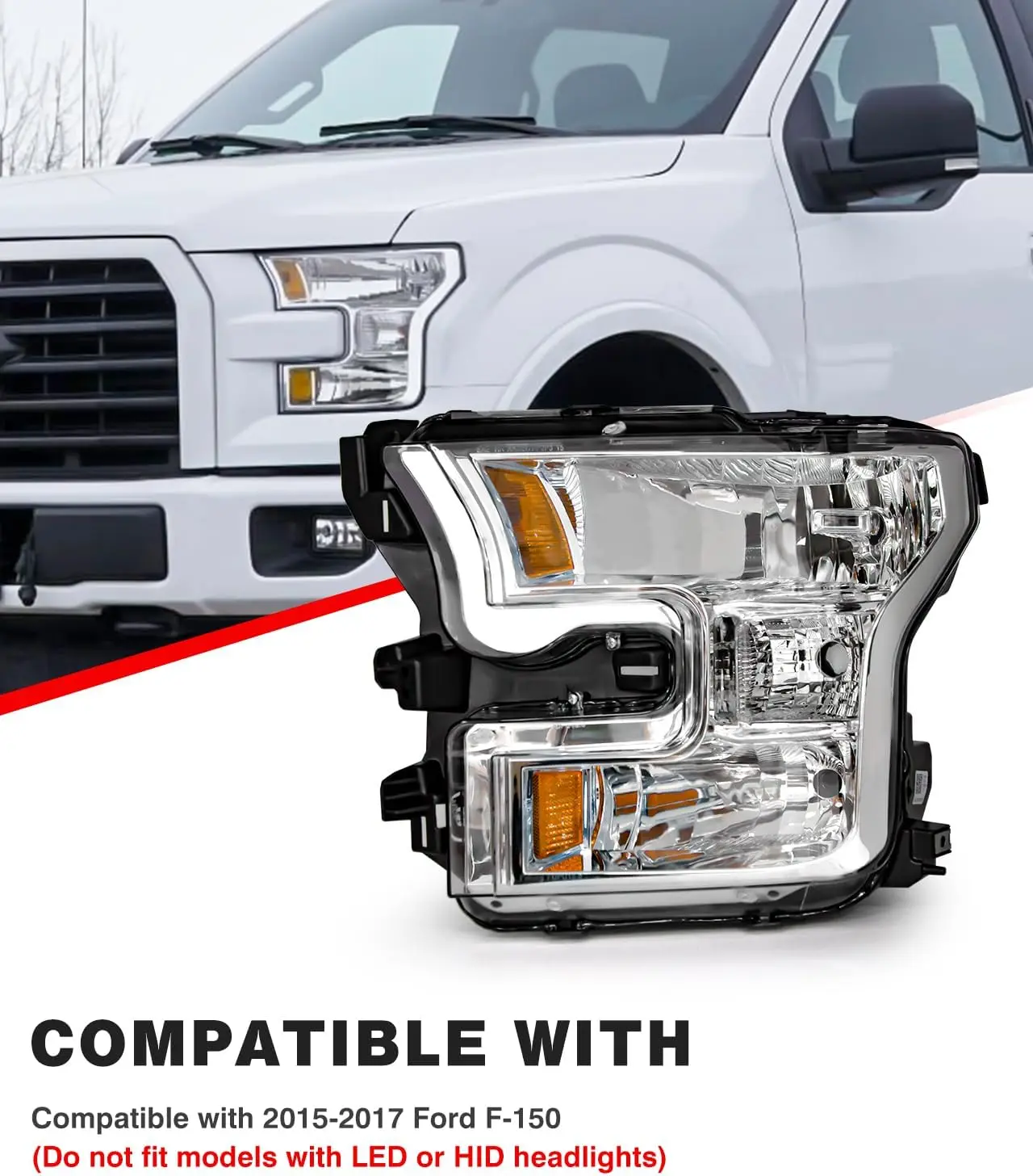 Compatible with 2015-2016-2017 F150 Headlamp Assembly - Halogen Lamp Chrome Housing with Amber Reflector - Driver & Passenger Si