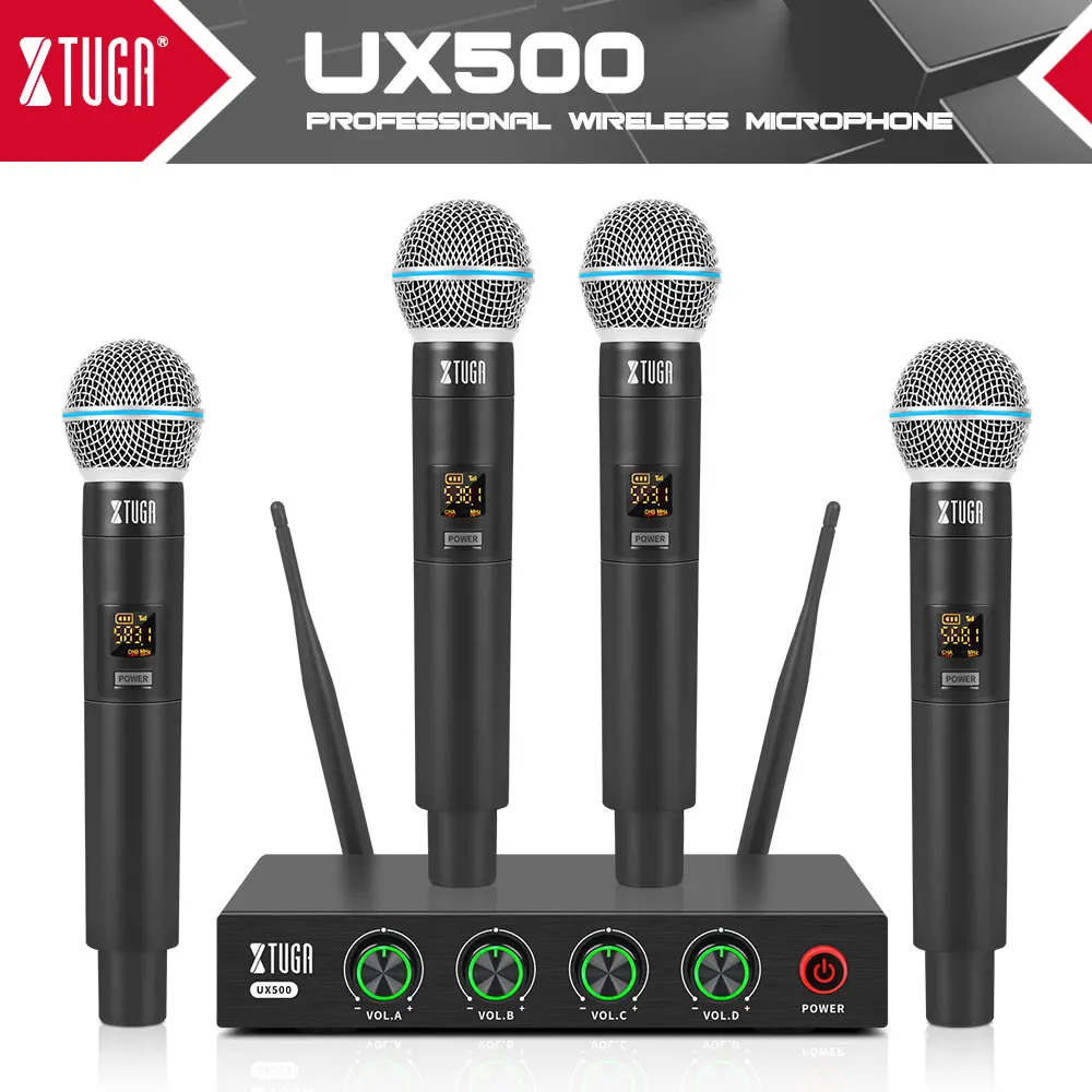 

XTUGA Portable UHF Wireless Microphone System with Four Handheld Karaoke Microphones For Church Party Speaker