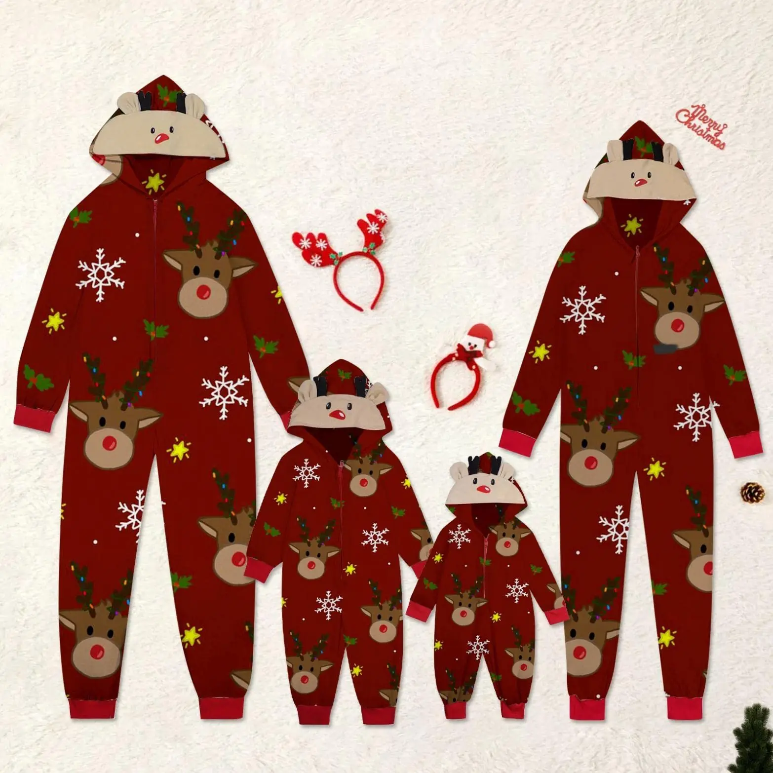 Christmas Family Matching Jumpsuit Long Sleeve Hooded Elk Print Zipper Closure Loungewear