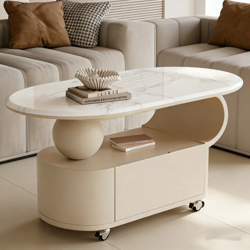 Cream style, light luxury supercrystalline stone coffee table, with rollers, removable, with drawers, household living room