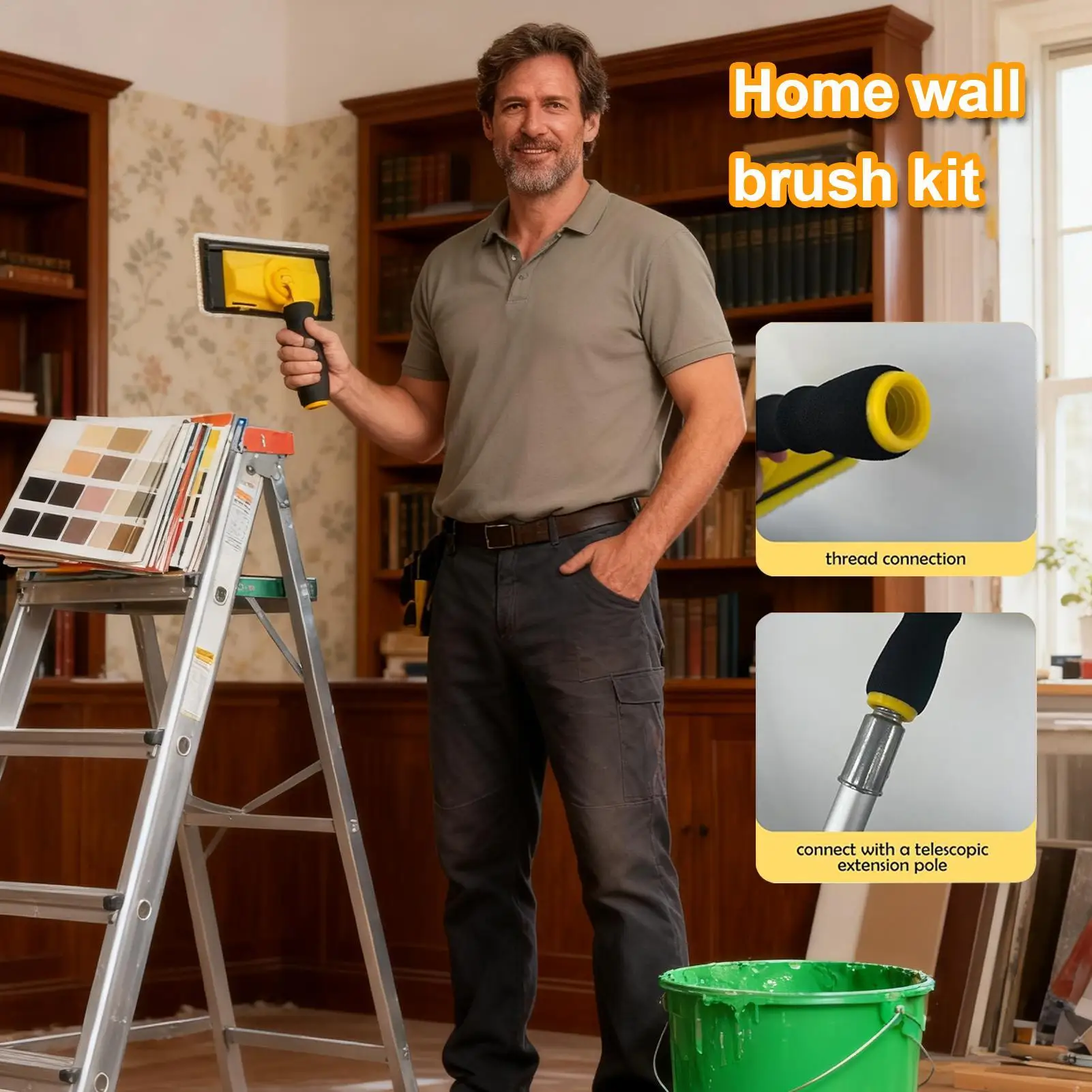 

Paint Edger Brush Applicator Kit 360 Degree Rotation Handle Paint Pad Tray Set For Home Renovation Wall Ceiling Door Frame