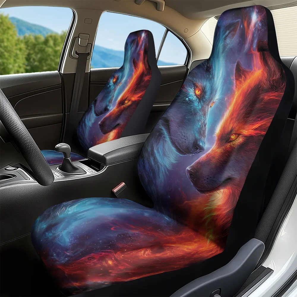 2pcs, Stylish Wolf Galaxy Figure Design Car Seat Covers, Foldable And Washable, Perfect Fit For Single Front Seats, Great For Ca