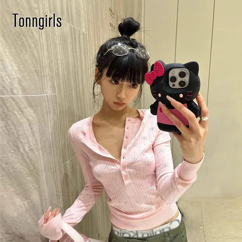 Tonngirls Korean Style Sweater Women Hollow Out Pink Knit Pullovers Y2k Fairycore Vintage Tops E-girls Streetwear Sweaters 2000s
