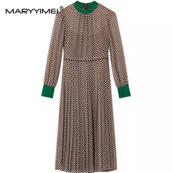 MARYYIMEI Fashion High Street Dress Designer Women's O-Neck Long Sleeve Polka Dot Pattern Print High Waist Pleated Long Dress