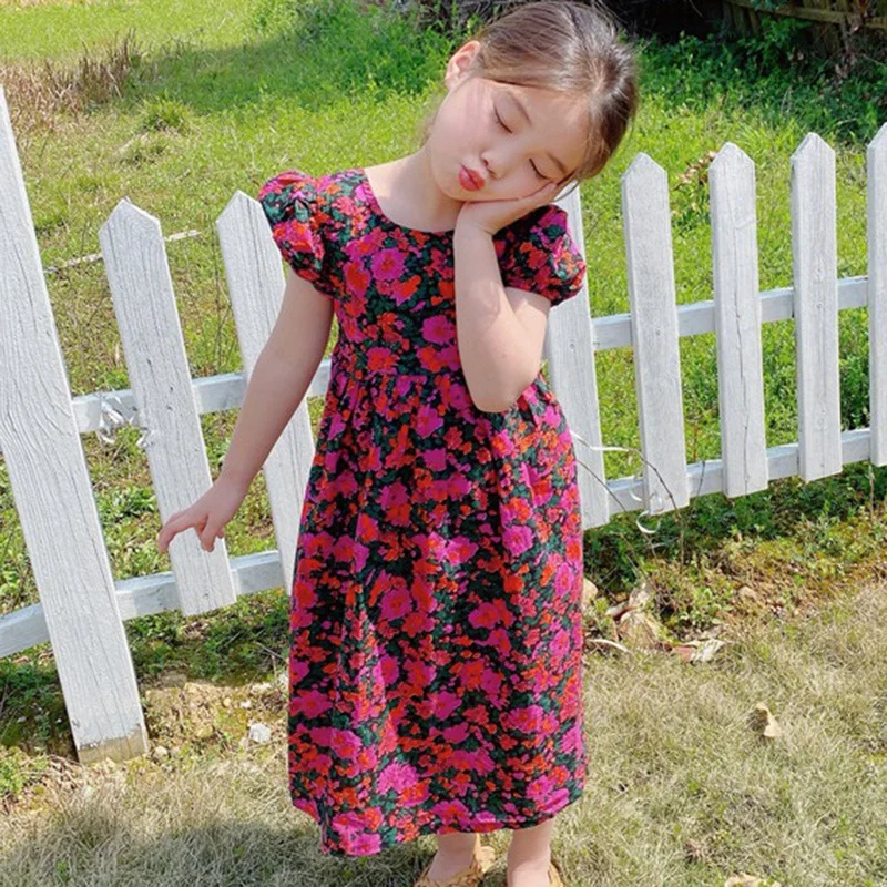 Girls Casual Dresses Summer Cute Printing Cotton Girls Skirt O-neck Puff Sleeve Open Back Dress For Girl Kids Clothes 3-8Y