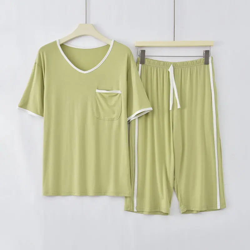 Korean Comfortable Modal Pajamas For Women New Pocket Short Sleeve Top Capri Pants Set Summer Sleepwear Pyjamas Femme Home Suit