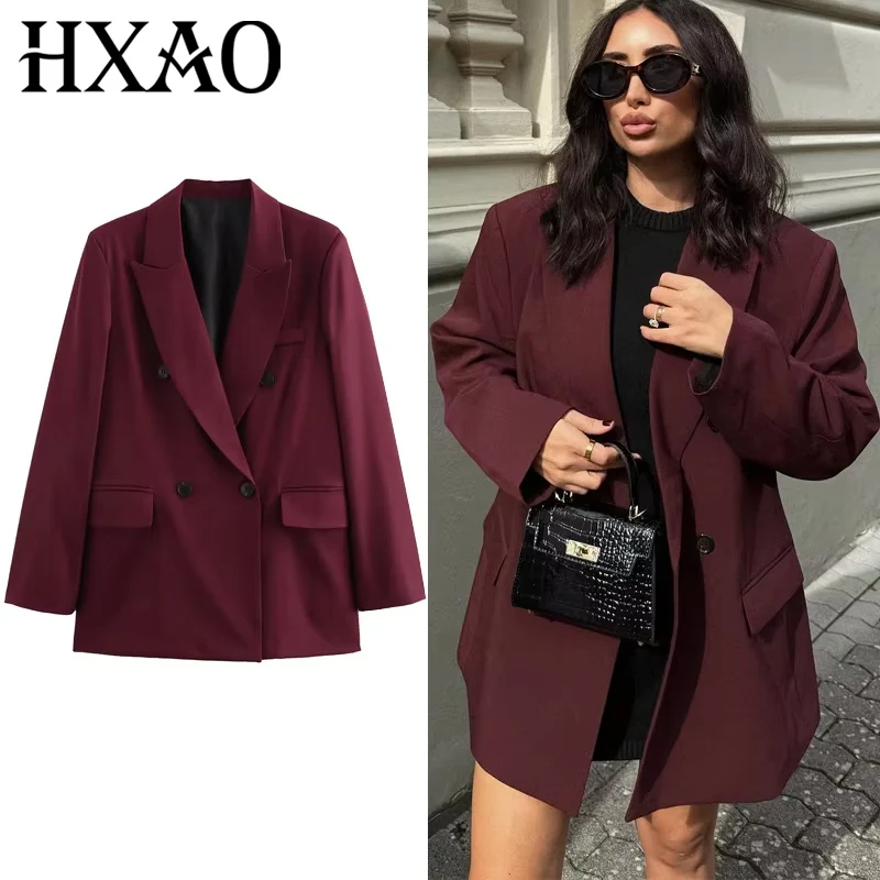 HXAO Women's Blazer Outerwears Office Wear Women Suit Jacket Autumn Long Sleeve Burgundy Blazers Formal Woman Minimalist Blazer