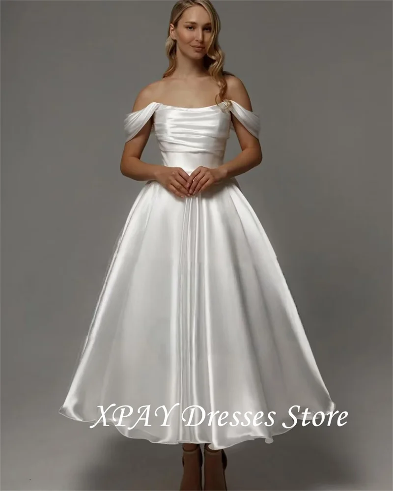 XPAY Simple Off Shoulder Wedding Dresses Customized Pleat Strapless Ankle Length Bride Dress Princess Draped A Line Bridal Gown