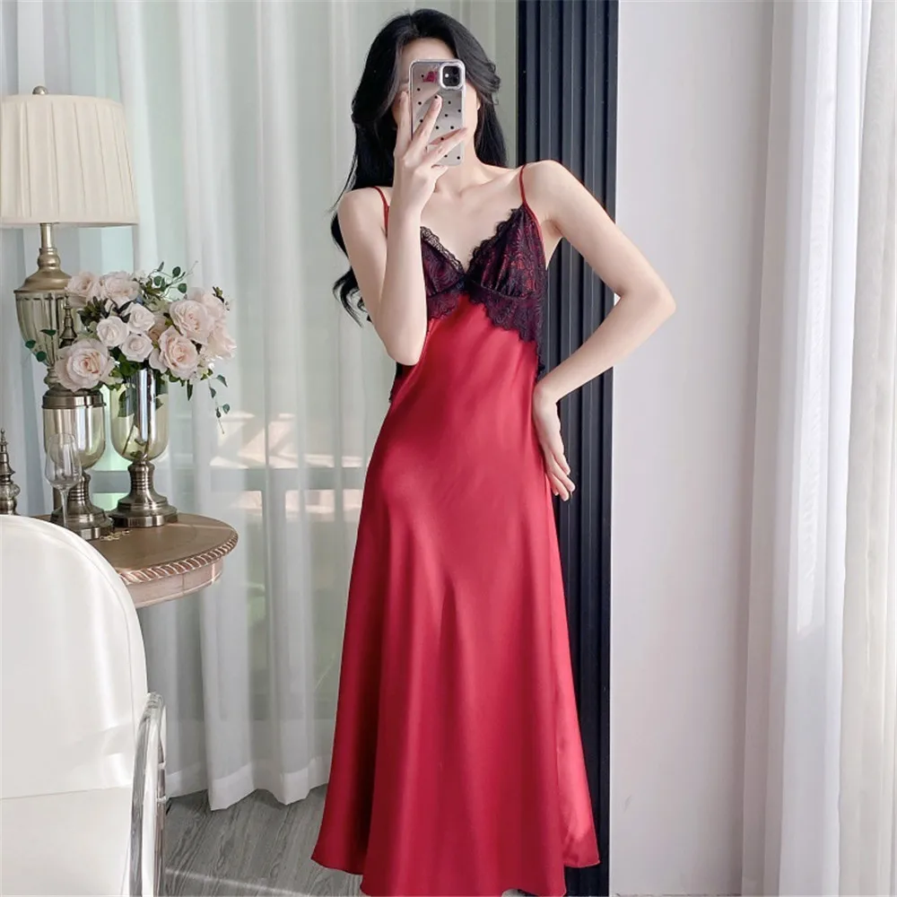 

Sexy Backless Satin Long Skirt Spaghetti Strap Sleep Dress Ice Silk Pajamas Nightdress Women Nightgown Night Dress