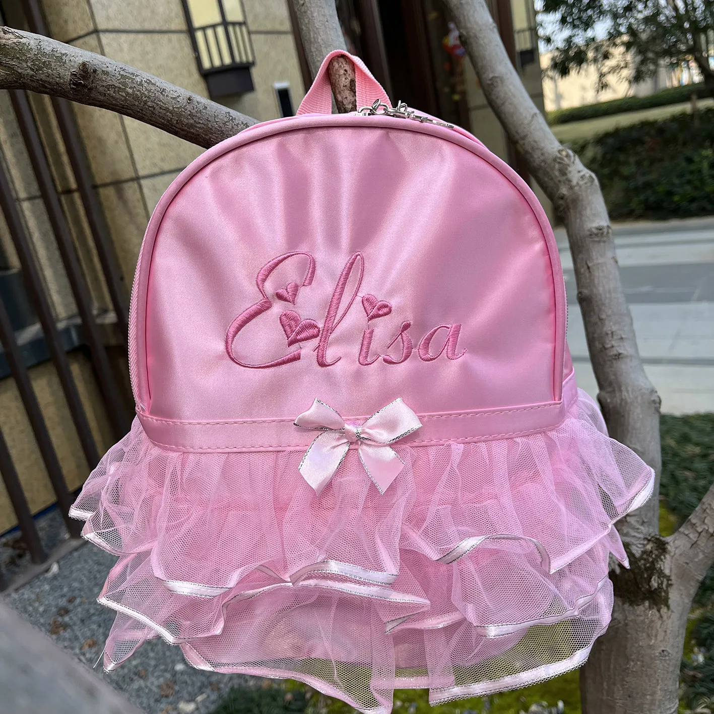 Mochila bordada personalizada para niña pequeña, bolso de lona de Ballet, vestido de tutú, mochila de baile con encaje rosa para bailarina