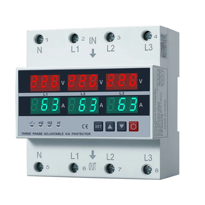 3 Phase 4 Wire 63A/100A Din Rail Adjustable Over Under Voltage Current Limit Protection Relay Protector Voltmeter Ammeter