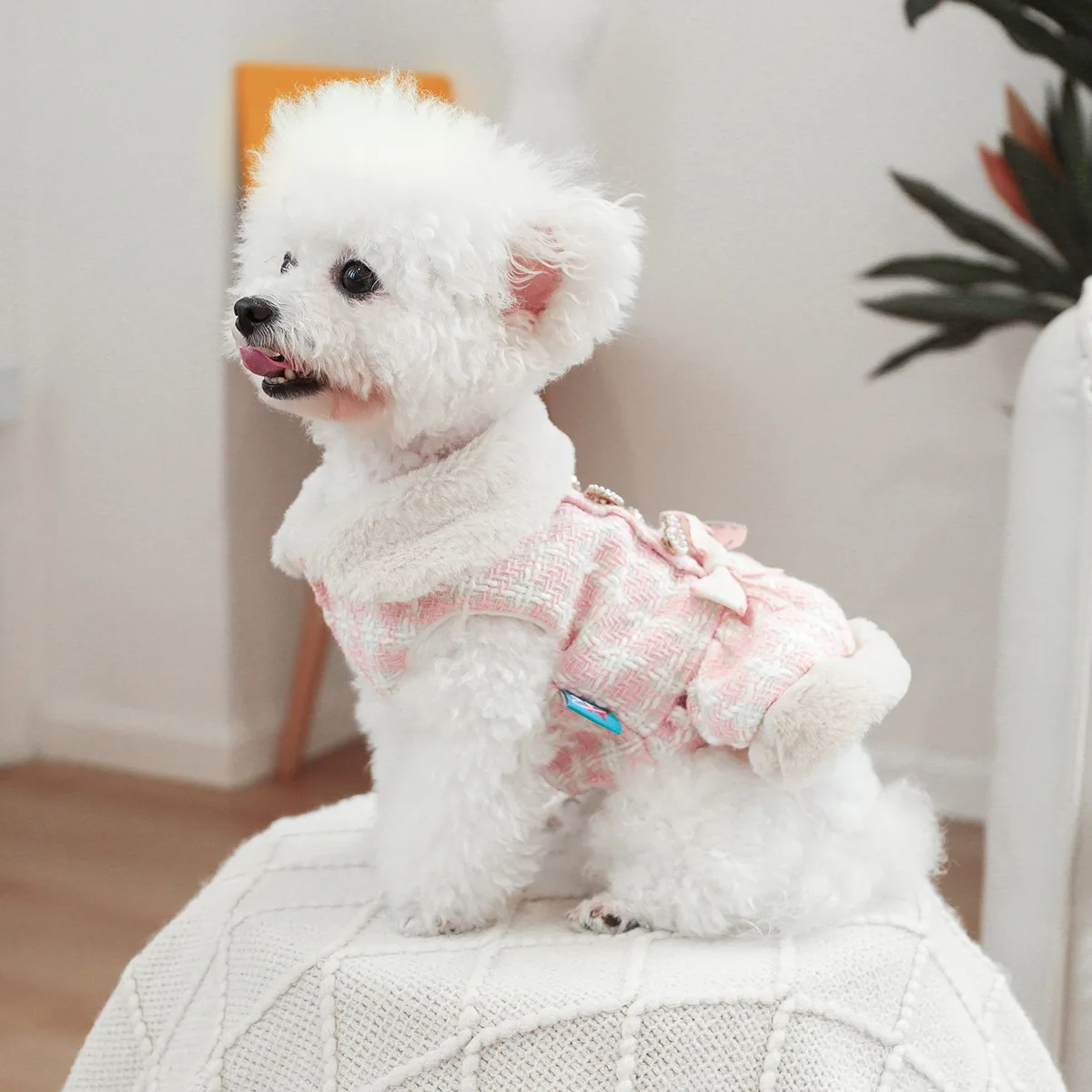 Pearl Thicken Costumes For Dog Plaid Vest French Bulldog Pet Sweater Harness Dress Walking Outdoor Jacket Pink Cat Coat Outfit