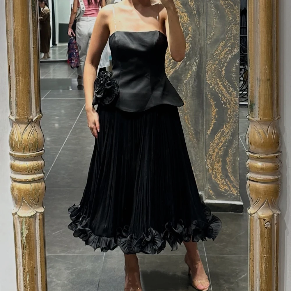 فساتين سهرة مخصصة على شكل حرف A بطول الشاي بدون حمالات بدون أكمام فستان حفلات أنيق مكشكش بسيط ثنيات بدون ظهر