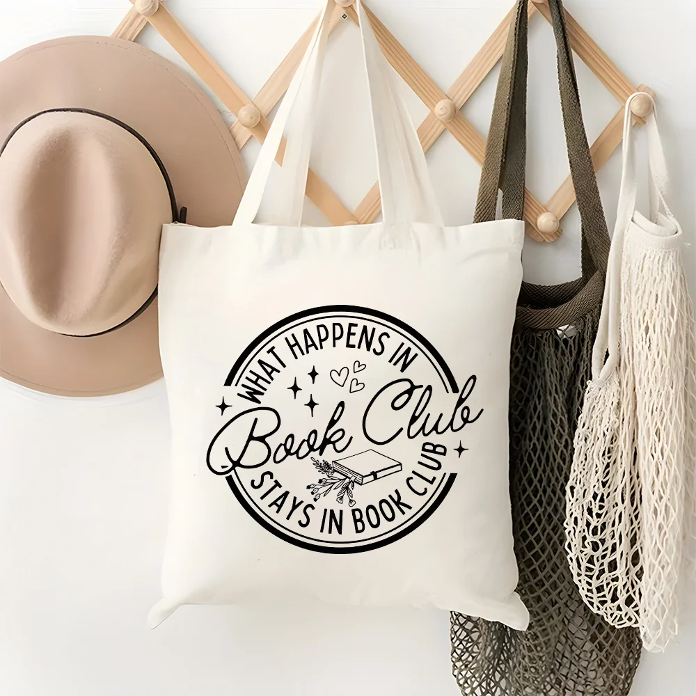 

1pc, "What Happens in Book Club" Women'S Canvas Tote Bag - Spacious, Sturdy Canvas Shoulder Bag, Grocery Bags, Great for Traveli