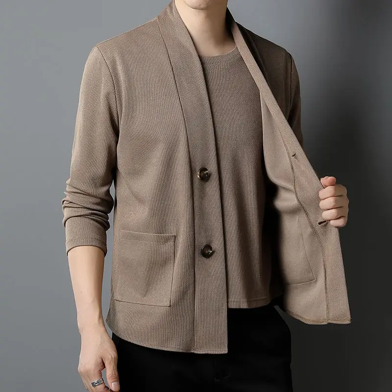 Spring Autumn Men's Smart Casual T-Shirts, O-Neck Solid Color Fake Two-Piece, Button Pocket Loose Long Sleeve Tops
