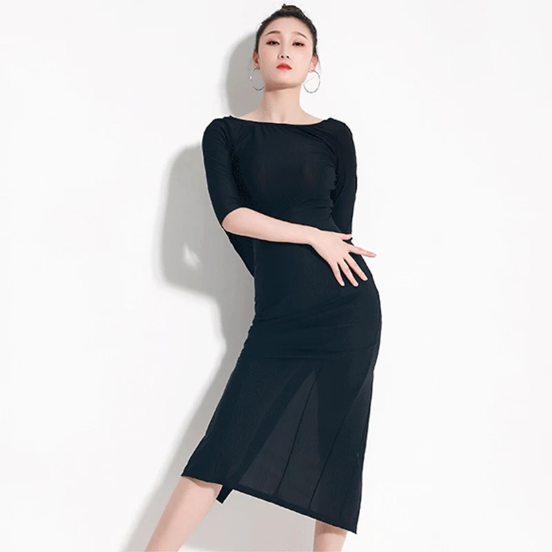 นุ่มชุดเต้นรําละตินผู้หญิงครึ่งแขนBackless SlitชุดยาวRumba Tango Ballroom Danceเสื้อผ้าผู้ใหญ่ฝึกสวมใส่V24431