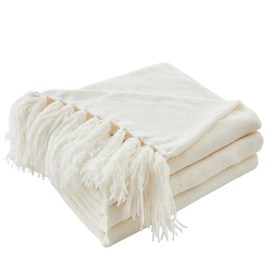 

Плюшевый плед из шенилла для дивана, уютное декоративное одеяло кремово-белого цвета с бахромой и кисточками, легкие пледы для дома