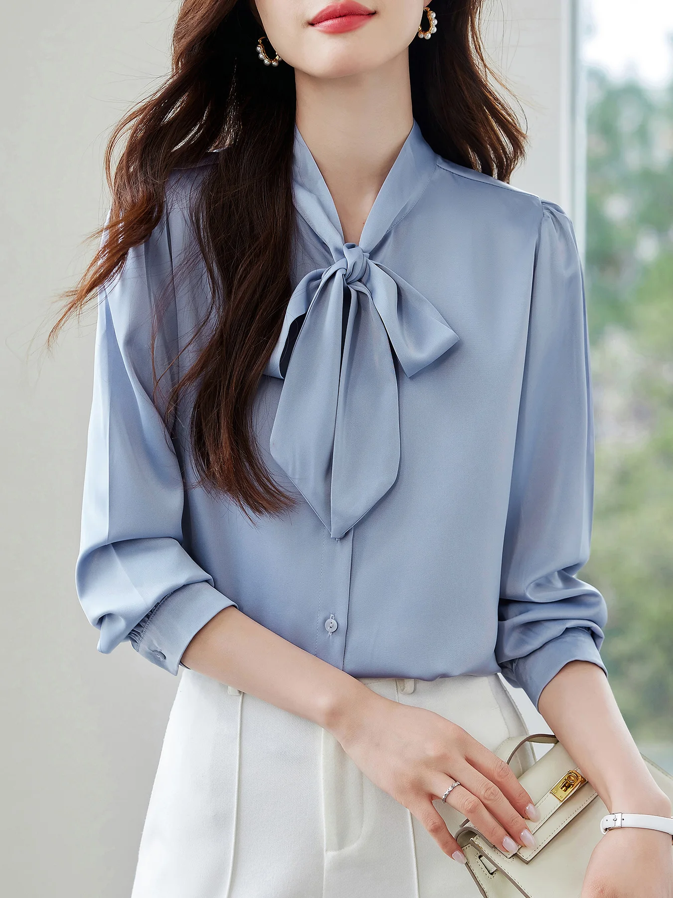 

Elegant Bow Tie Neck Blouse for Women, Long Sleeve Satin Office Shirt, Formal Workwear Top