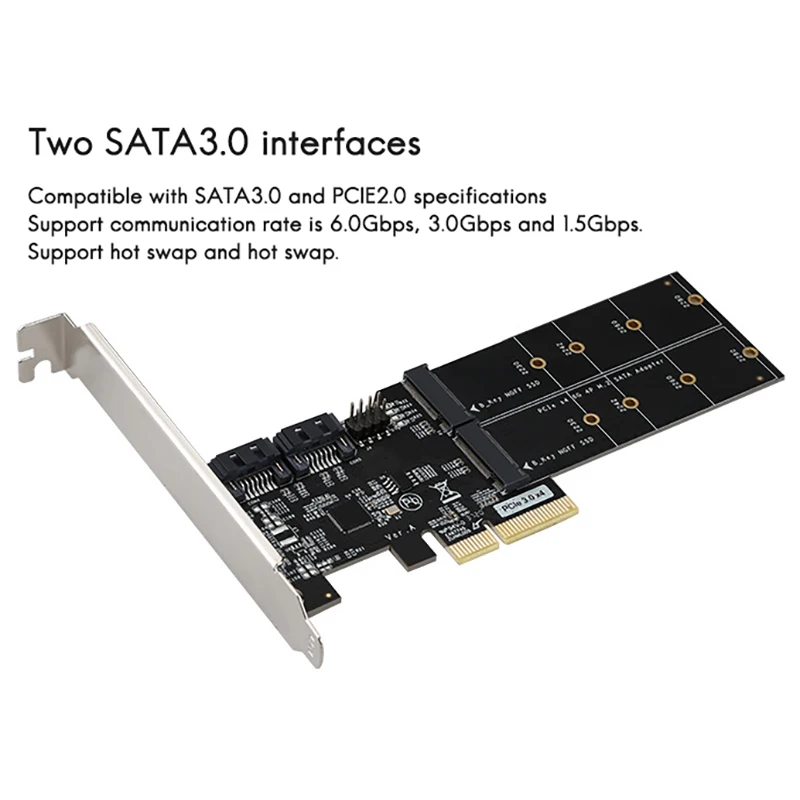 Placa adaptadora PCIE3.0 X4 para 2 portas M.2 (B-KEY) e SATA3.0 de 2 portas com suporte para taxa de comunicação 6,0 Gbps / 3,0 Gbps / 1,5 Gbps