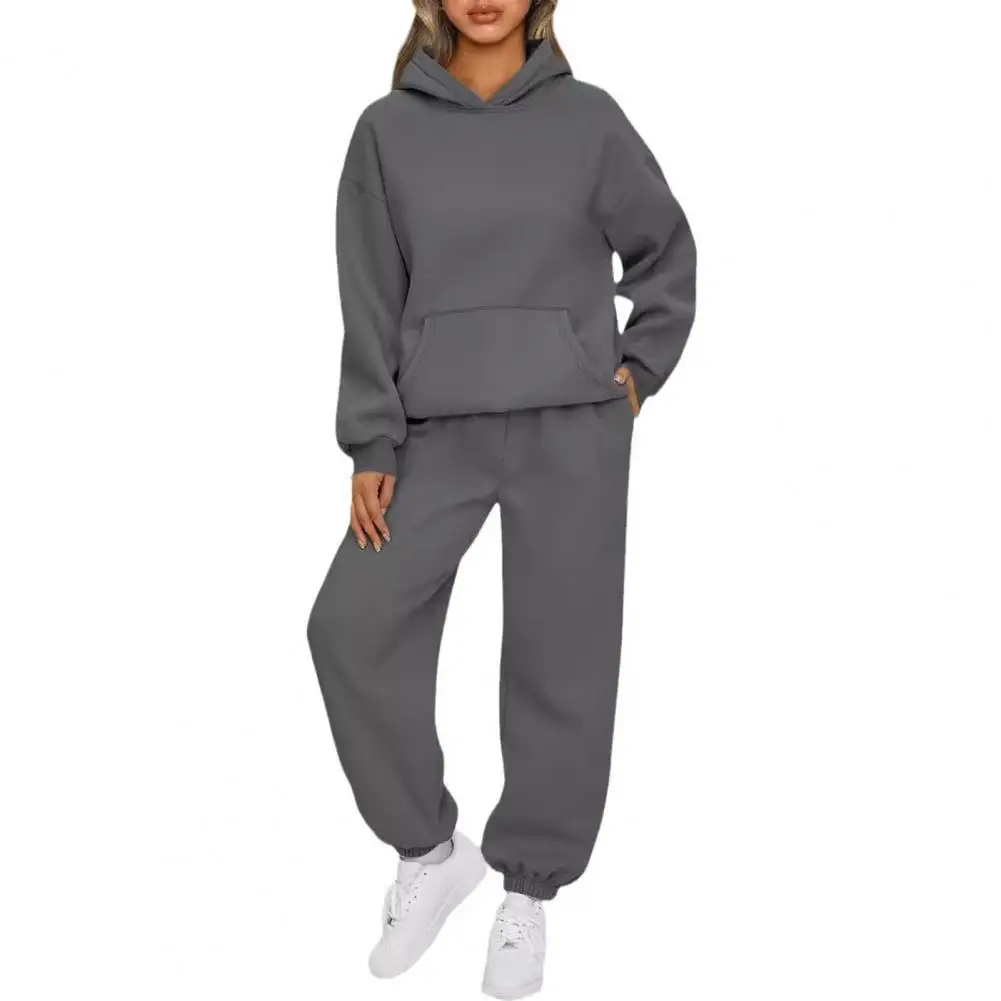 2 Pcs/Set Women Sport Top Pants Set Hooded Long Sleeve Hoodie Loose Ankle-banded Trousers Casual Fitness Tracksuit Daily Outfit