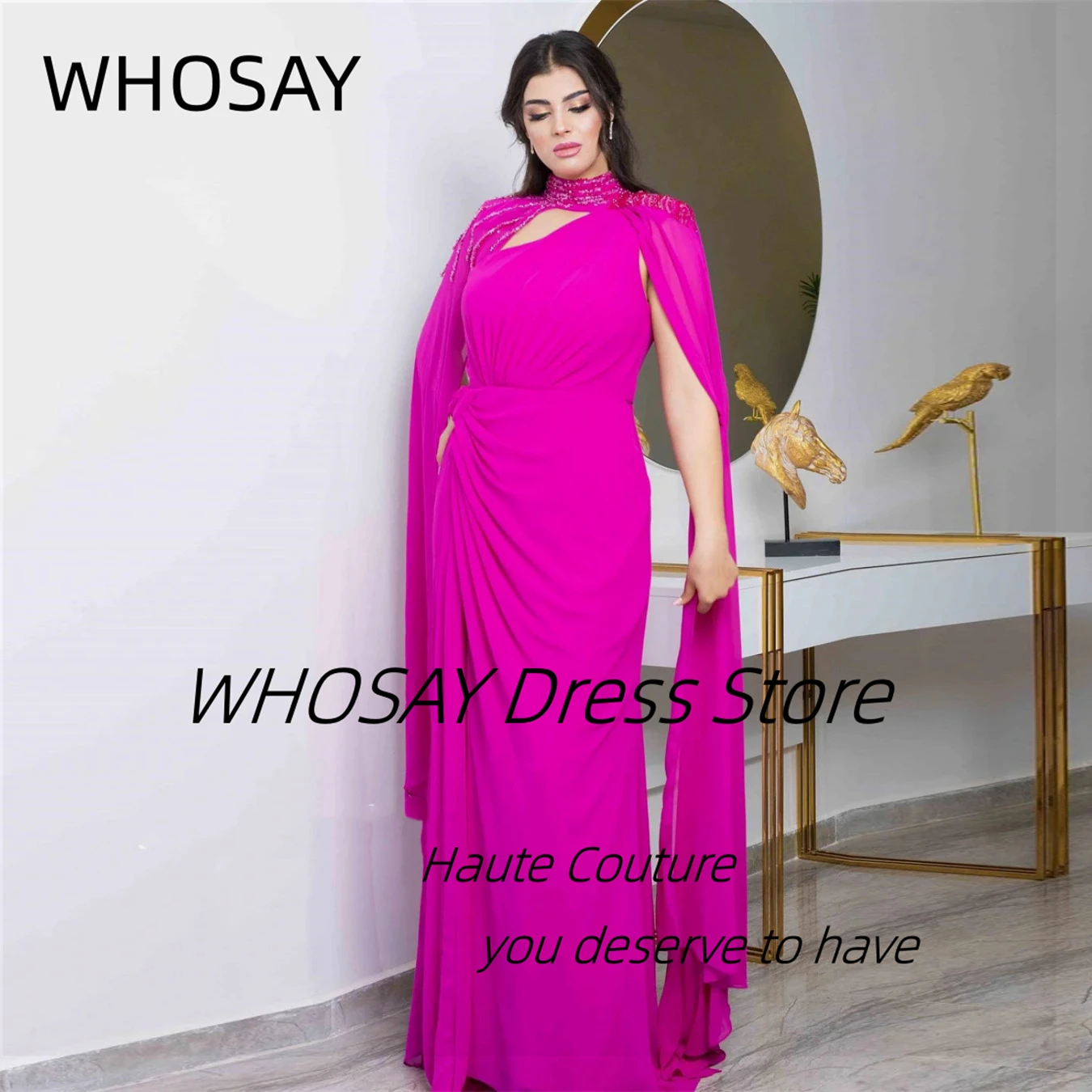 WHOSAY Fushcia Evening Dresses Beading High Collar Flutter Sleeves Prom Dress Ruched Long Elegant Party Gowns Custom Made