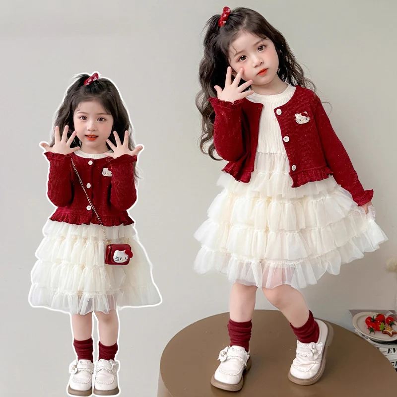 

Сетчатое платье Hello Kitty для девочек, весенне-осеннее детское вязаное пальто с длинными рукавами в стиле аниме, комплект платья принцессы, многослойное платье, свитер, кардиган