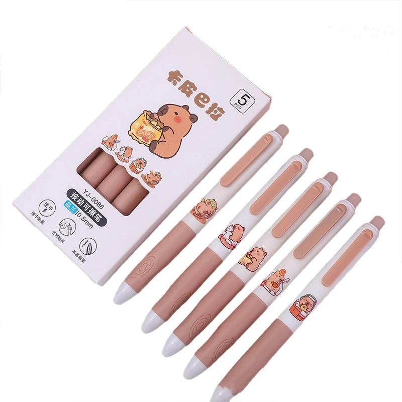 5 pçs bonito capivara gel canetas kawaii conjunto de canetas de secagem rápida azul canetas apagáveis material escolar de escritório kawaii estética papelaria