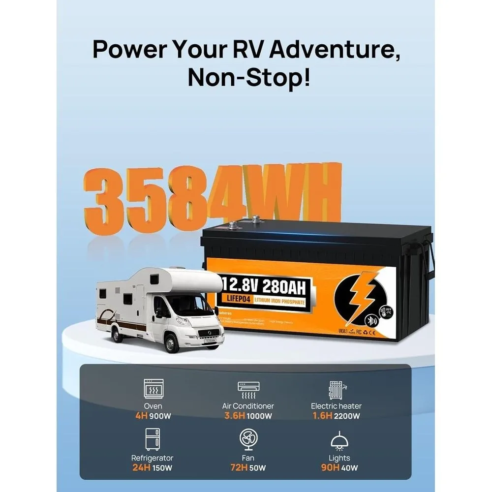 Bateria LiFePO4 RV 3584Wh 12V 280Ah com Bluetooth e corte de baixa temperatura - BMS 200A integrado - Ciclo profundo para campista, trailer