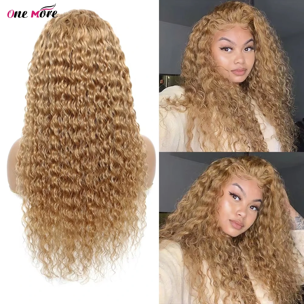 Mechones de cabello humano de color rubio miel, extensiones sueltas de ondas profundas con cierre, encaje 4x4, 3/4 unidades