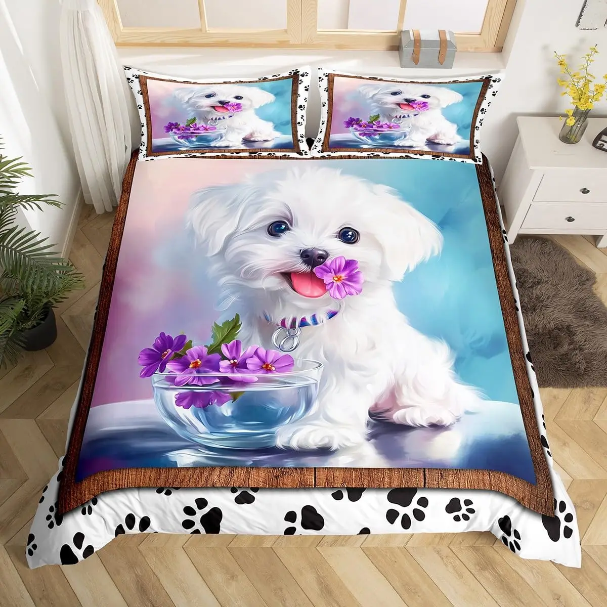 Kawaii Dog Duvet Cover Twin King Flower Bedding Set for Girls Women,Animal and Pet Themed Comforter Cover,Cute Puppy Paw Bedding