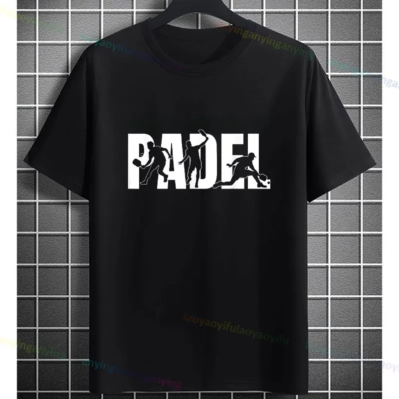 Unisex Funny Padel Tennis Graphic T-Shirt - Black with White Padel Racket & Ball Design Pure Cotton Casual Short Sleeve Tshirt