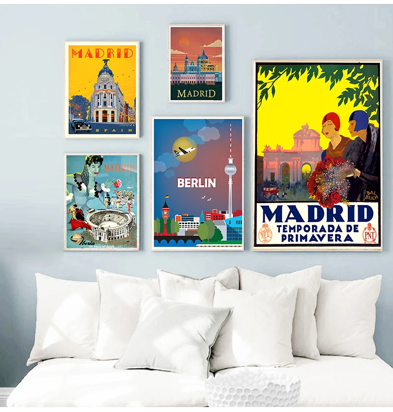 Germany Travel Canvas Paintings Vintage Wall Kraft Posters Coated Stickers Home Decor Gift Spain Madrid Bullfighting Berlin