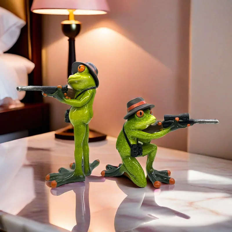 Creative Shooting Frog Resin Figurine Frog Soldier Sculpture Home Decoration Living Room Bedroom Desktop Animal Statue Ornaments