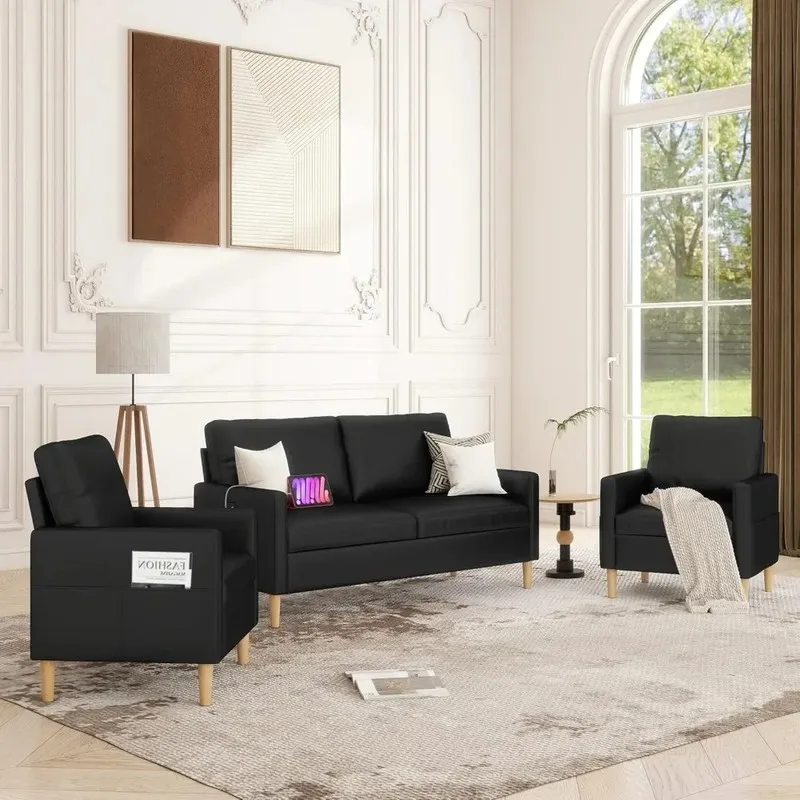 

66" Black Faux Leather Sofa with USB, Mid-Century Modern Tufted Comfy Loveseat for Living Room or Bedroom