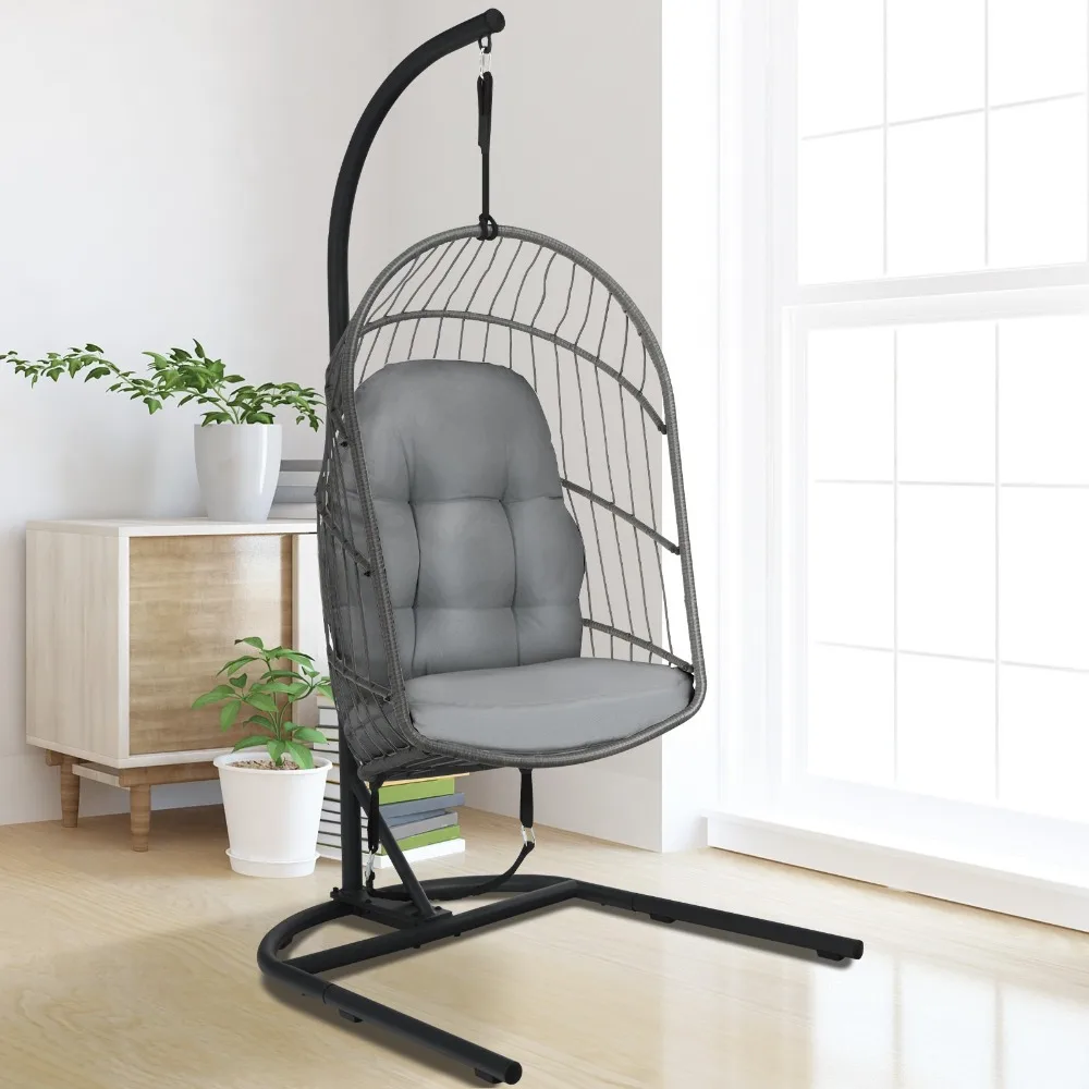 

Foldable Hanging Wicker Egg Chair w/ Stand Cushion Outdoor Indoor Gray
