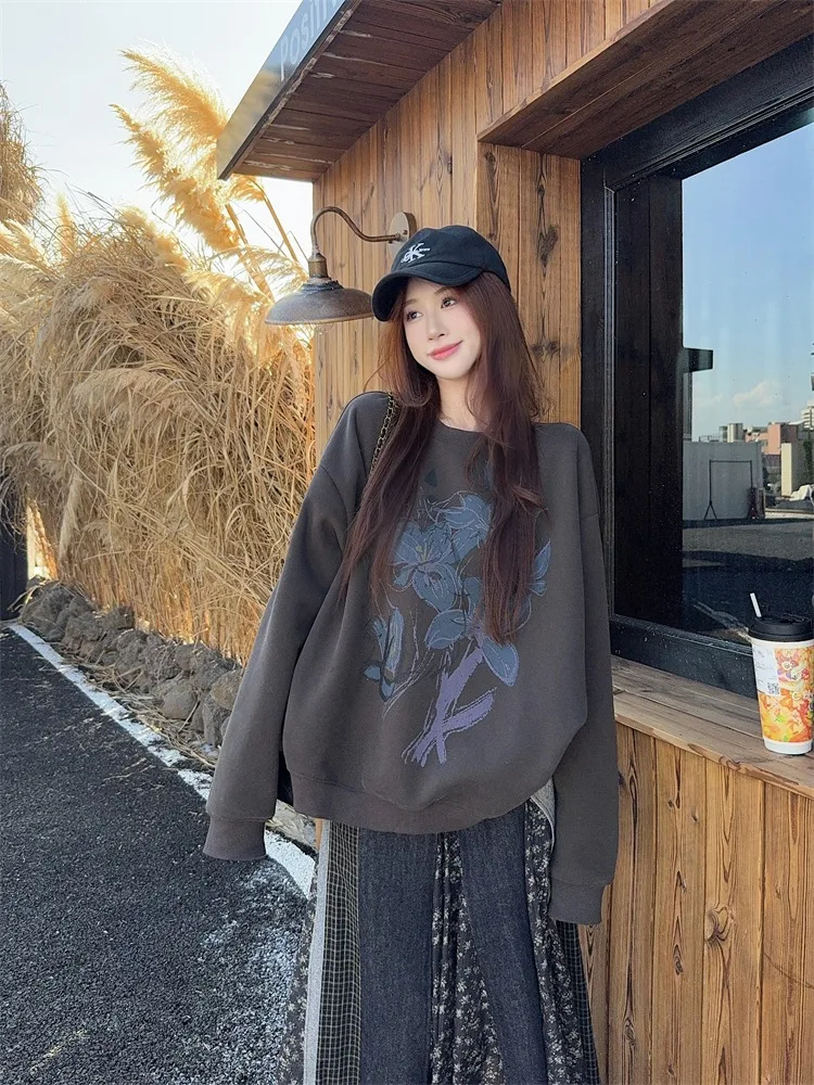 

Свободный свитшот с круглым вырезом и длинными рукавами с цветочным принтом, женский, осенне-зимний, новый, повседневный, удобный, женский топ