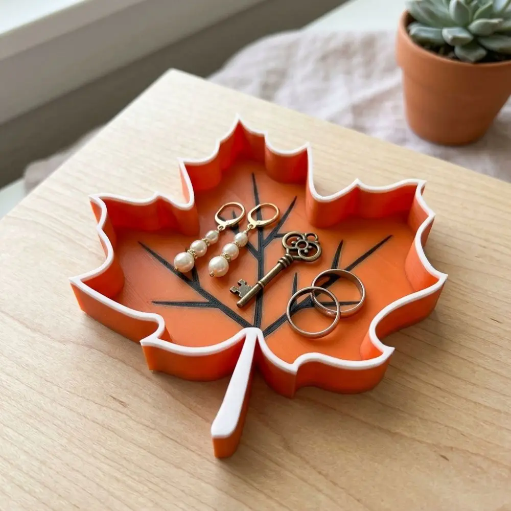 3D Printed Maple Leaf Trinket Tray Fall Theme Plastic Autumn Leaf Storage Tray Maple Outline Minimalist Desktop Jewelry Holder