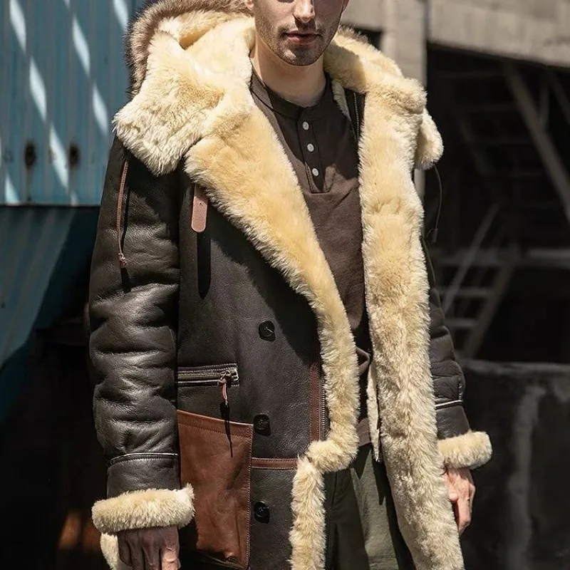 Winter Men Original Fur Coat Mid-length Thickened Sheepskin Leather Coat Bomber Hooded Wool Lining Warm Snow Men's Clothing