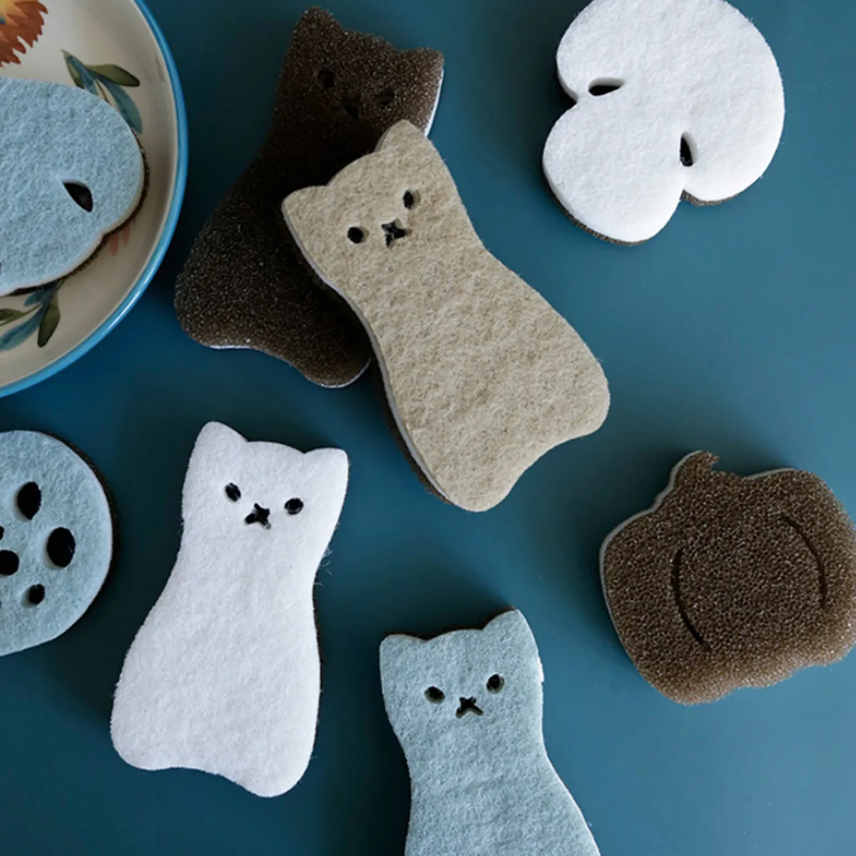 8Pcs Cartoon Cat Design Cleaning Sponge Kitchen Dish Bowl Cup Pan Scrubber Premium Material Fast Dirt Grease Removal Sponge