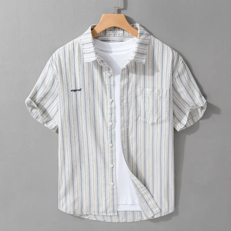 Striped Short-sleeved Shirt Men's High-end 2025 New Summer Loose Chic New Stripe Casual Business High-end Men's Shirt Trendy Top