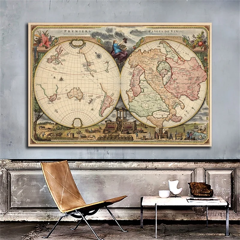 Mapa del mundo para decoración del hogar, lienzo no tejido, carteles Vintage, imágenes artísticas de pared, suministros de enseñanza, 59x42cm