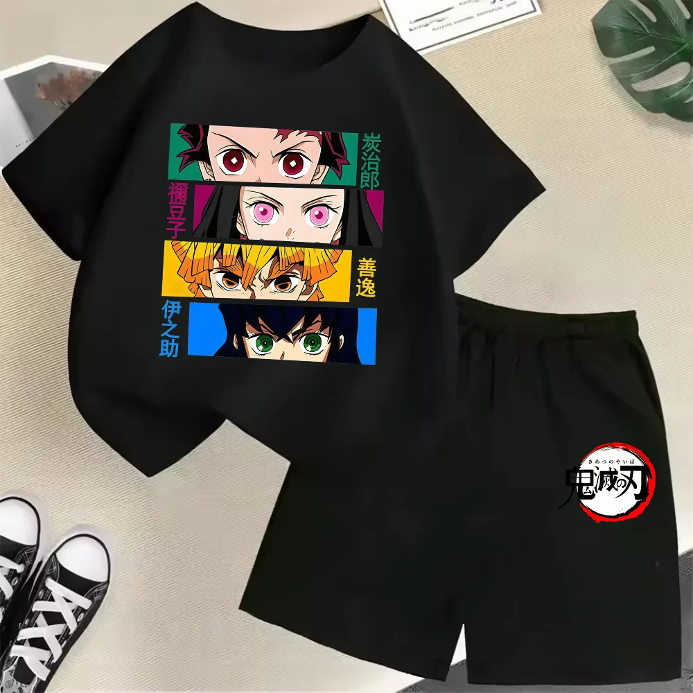 Bandai Summer New Kids T-Shirt Set Demon Slayer Tanjiro Nezuko Shorts Outfits Casual Holiday Home Park Playwear Clothes
