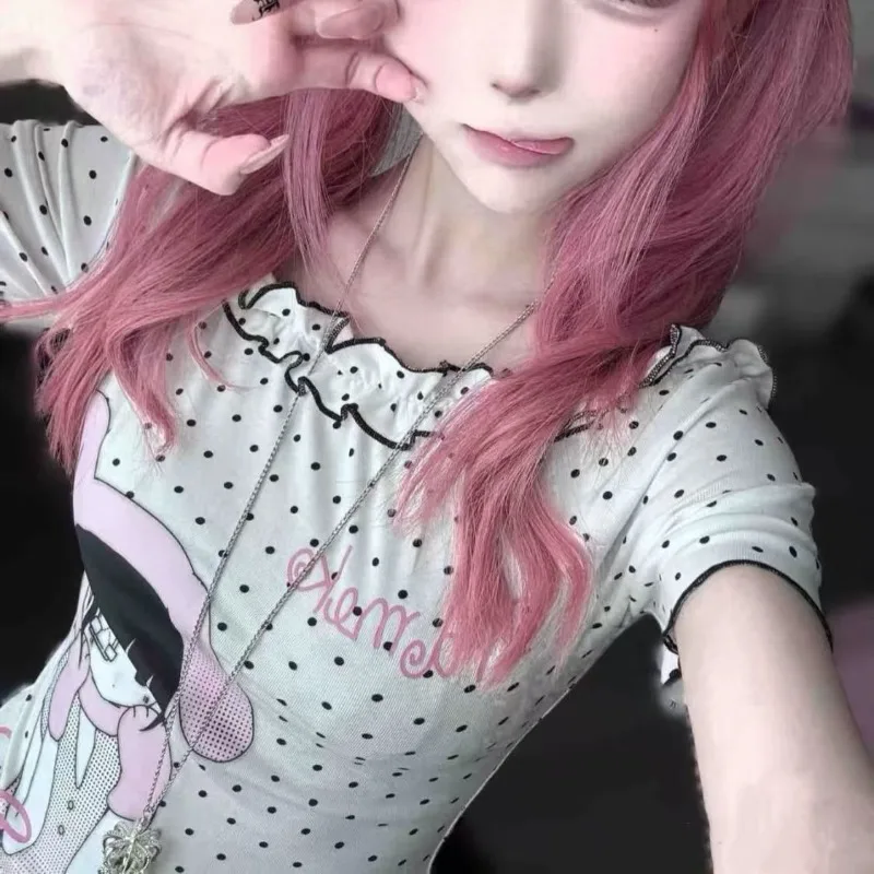 

Women's Sweet Polka Dot T-shirt Japanese Subculture Kawaii Cartoon Print Tshirts Retro Harajuku Tees Girls Cute Hottie Chic Tops