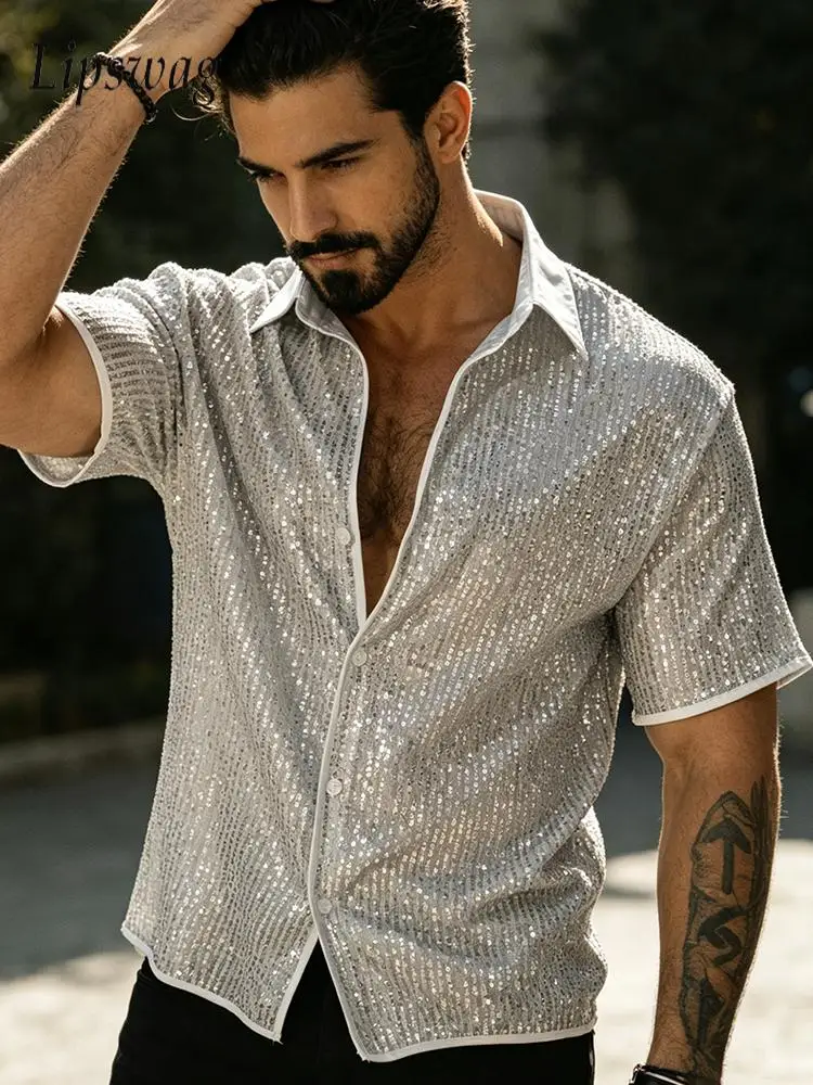 Camisas de Lentejuelas Brillantes de Color Sólido Vintage para Hombre, Camisas de Manga Corta con Brillo para Fiestas de Verano, Camisas Casuales con Botones y Solapa para Hombre