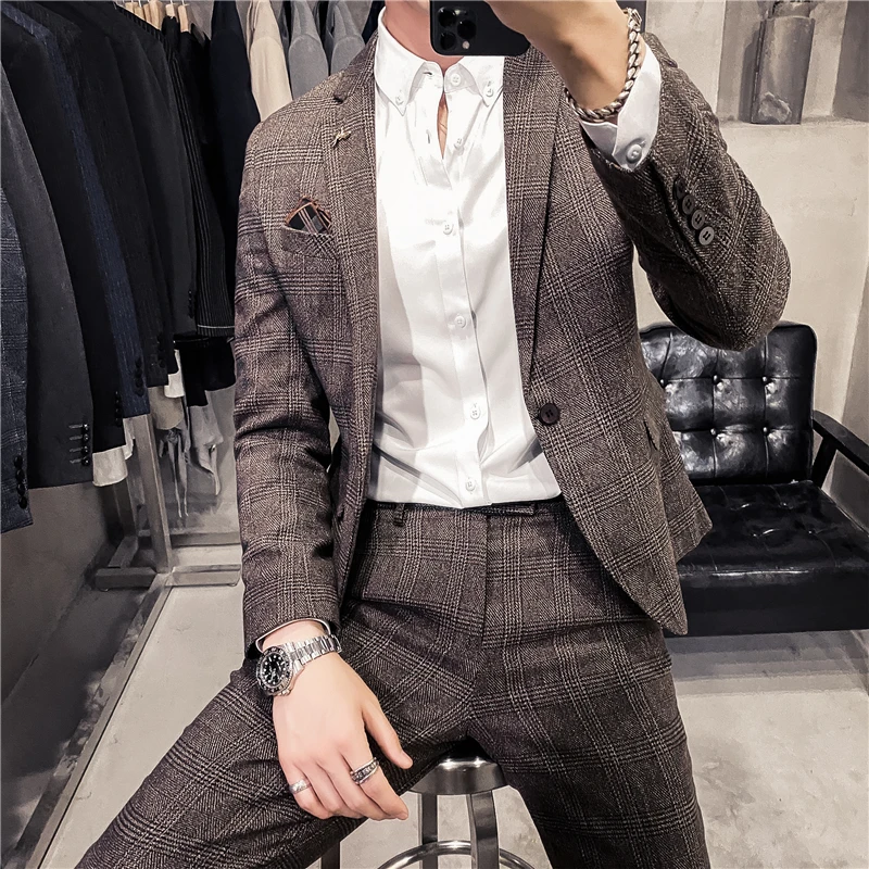 (Jacket+Pants) 2024 New Men\'s Slim Fit Button Suit Dress Blazer Host Show Mens Formal Plaid Blazer Wedding Dress Plus Size M-5XL