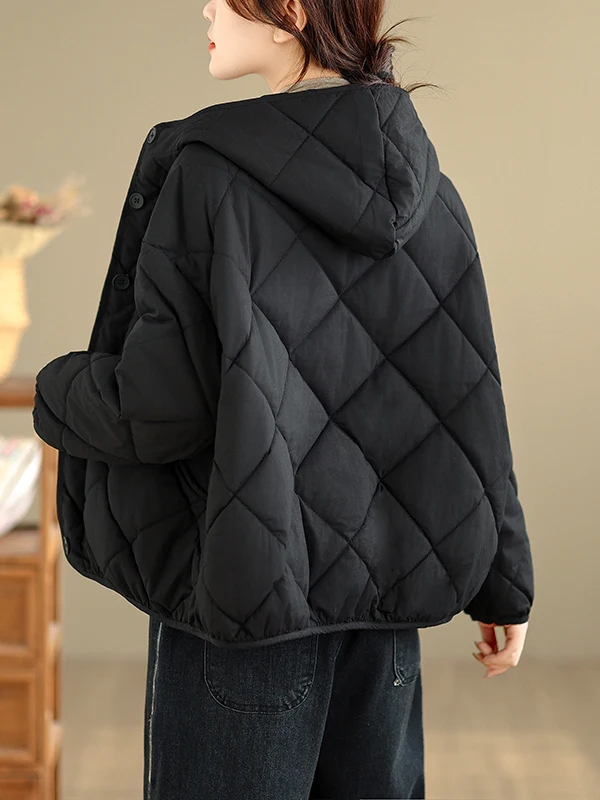 Retro Diamond Pattern Warm Hooded Cotton Jaet Women's Winter Lightweight Large Size Cotton Filled ort Thiened Cotton Coat