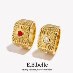 E.B.belle Square Heart Card Ring Cute Hypoallergenic 18K Gold Plated Accessories Silver Color 316L Stainless Steel Jewelry